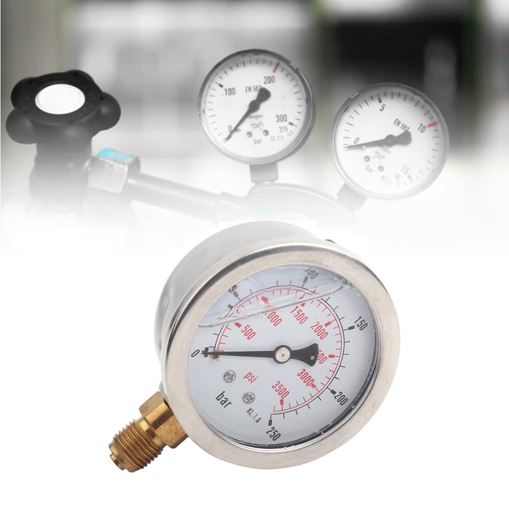 Manómetro Industrial, manómetro hidráulico de 0-250 bar/0-3750 PSI, manómetro hidráulico G1/4 con Esfera de 63 mm y Relleno de líquido.