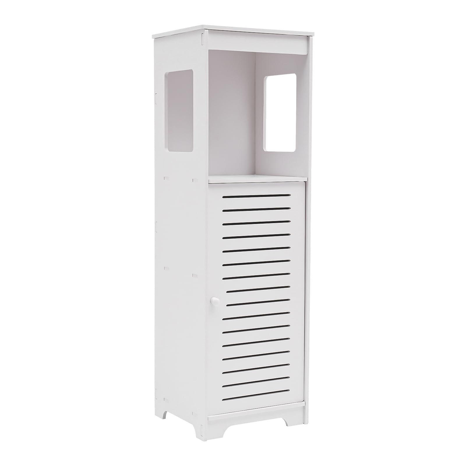Armadietto da bagno bianco con porta, armadietto alto sottile per carta igienica e utensili da bagno, mobiletto basso compatto con ripiani, organizer versatile per bagno, WC degli ospiti e piccoli