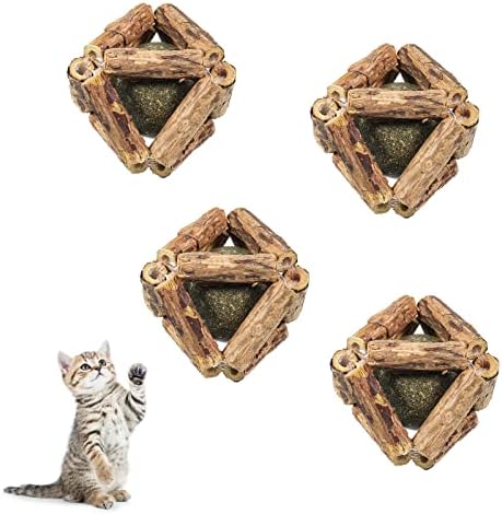 XINRUI 4pcs Catnip Ball for Cats, Cat Toys for Indoor Cats Natural Cat Mint Ball Interactive Wood Rolling Catnip Balls Cleaning Teeth and Mouth Cat Nip Toy for Cat Kittens Kitty