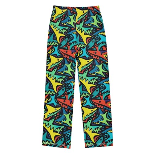 Cartoon Abstract Sharks Pajama Pants Lounge Sleep Pants Elastic Waist Long Pajama Bottoms with Pockets for 6-14 Years