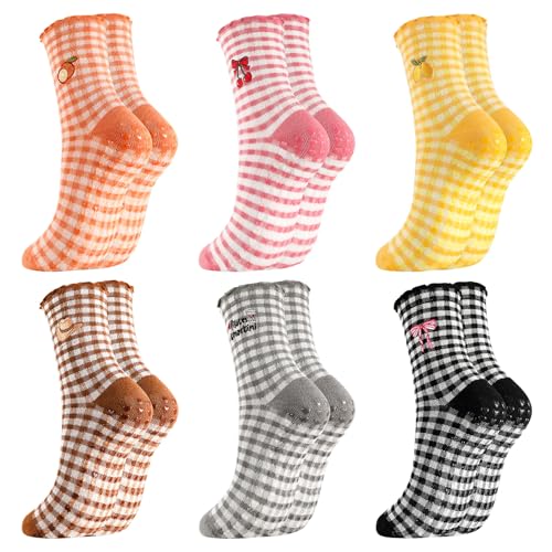 Image of 6 Pairs Cute Pilates Socks with Grips Cute Ruffle Grippy Socks Embroidery Ruffle Striped Frilly Sock for Pilates Barre Ballet Barefoot Workout Hospital US Size 5-8