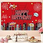 Superhero City Birthday Party Backdrop Banner, 59.1 x 39.4 inches, Red Comic Design with Spider Webs, Includes 32ft Ribbon - Image 3