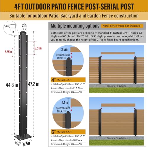 BITALS Q235A-Steel 4ft (H/48in) Heavy Duty Fence Post - Serial Post, Suitable for Outdoor Patio, Backyard and Garden Fence Post Bracket Construction (1pack-Matte Black) - Thumbnail 2
