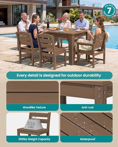 Image of SERWALL 59 inch Patio Dining Set for 6, w / 1 Table & 6 Chairs, Brown