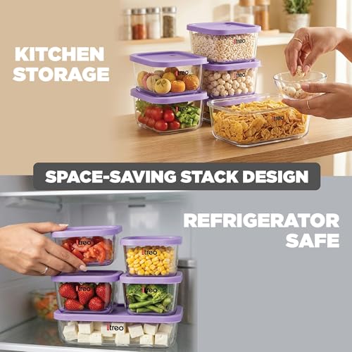 Image of Treo By Milton Nutri Borosilicate Glass Containers for Fridge Storage Set of 6 (2 x 310ml, 2 x 520ml, 1 x 750ml, 1 x 1200ml) Stackable Glass Container with Lid, Microwave & Dishwasher Safe, Purple