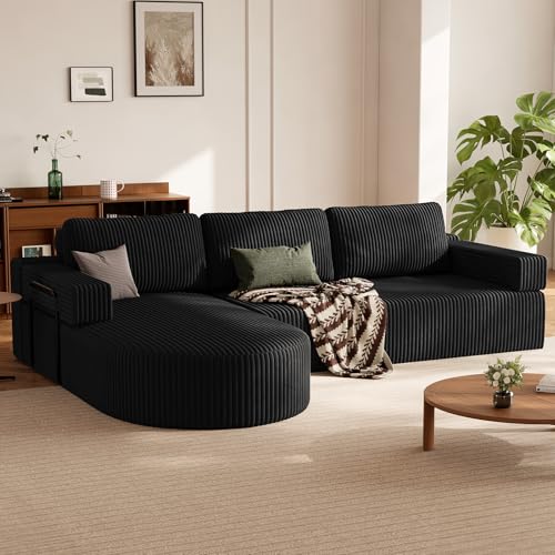 HOMRELEXA Ecksofa mit Schlaffunktion, Cord Schlafsofa L Form, Boneless Couch, Wohnlandschaft Schlafcouch mit 75cm Sitzfläche, Modulares Sofa Bed Sofabett mit Abgerundeter Chaise Longue, Schwarz