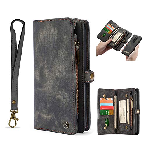 Simicoo Compatible with LG Stylo 5 Leather Wallet Zipper Purse Detachable Card Slots Holder Flip Case Magnetic Handle Wrist Strap Shockproof Cover Pocket Wallet Handbag for LG Stylo 5 (Black)