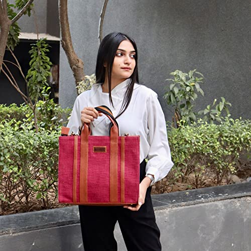 Image of Book Tote Handbag | Handloom Woven Cotton And Vegan Leather | Laptop | Tote Bags for Women For Office Use, Work | Ladies Stylish Shoulder Bag | Ethically Sourced, Lightweight