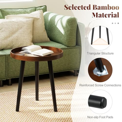 Giantex Round End Table, Mid Century Modern Side Table with Wooden Tray & Bamboo Legs, Sofa Couch Accent Table, Small Coffee Table for Small Space Living Room, Nightstand for Bedroom, Walnut - Image 5