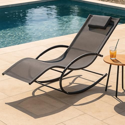[en.casa] Schaukelliege Tarent Liegestuhl Gartenliege wetterfest 174 x 63 x 88 cm Schaukelstuhl Outdoor Sonnenliege Relaxliege mit Kopfpolster Stahlgestell bis 150 kg Dunkelgrau