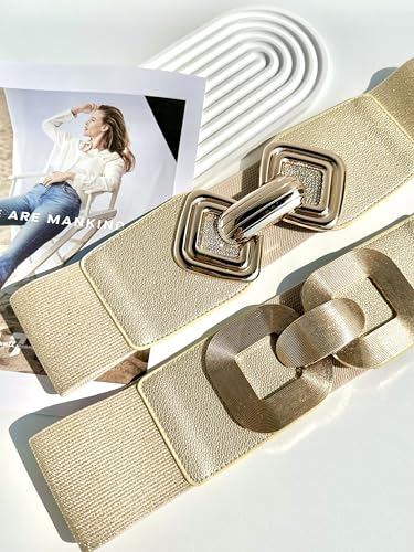 2PCS Wide Elastic Waist Belt for Women Fashion Hollow Out Rhinestone Gold Buckle Stretchy Waistband Belt for Ladies2