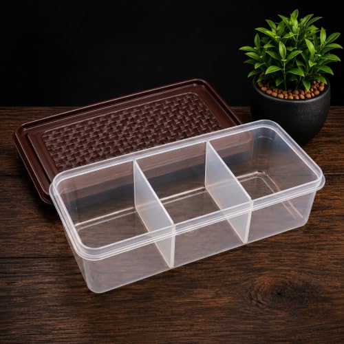 Image of MAGIC SPOON Multipurpose 3 Section Storage Container | Spice Box, Pickle Jar, Fridge Organizer, Dry Fruit, Vegetable & Kitchen Storage Container- Combo Pack (2000ml X 2) (BROWN-GREY)