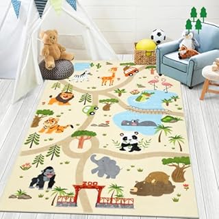 Enyhom Zoo Kids Rug for Boys and Girls - Non-Slip Backing, Machine Washable, Animals Cartoon Area Carpet for Playroom, Classroom, Bedroom - Beige, 150 x 100cm