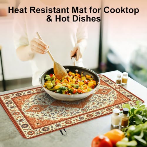 Image of Fall Boho Floral Stove Top Cover for Electric Stove 28 inch x 20 inch, Rubber Glass Cooktop Protector, Autumn Countertop Cover Mat, Dish Drying Mat, Thanksgiving Farmhouse Kitchen Decor Accessories