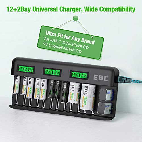 Image of EBL 12+2 Bay Universal Rechargeable Battery Charger for AA AAA C D 9V Ni-MH Ni-CD Batteries & 9V Rechargeable Batteries (AC Power Supply)