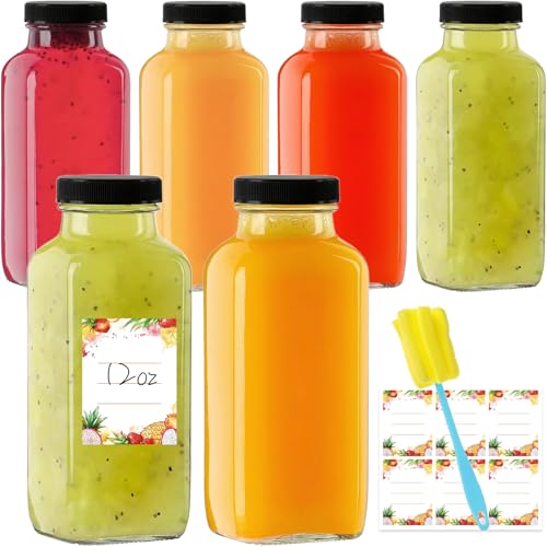 Yokodaza 12 oz Glass Juice Bottles with Lids 6-Pack - Reusable Kombucha Bottles & Green Drink Jars with Leakproof Caps