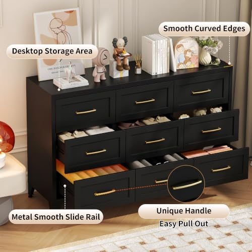 Image of Metal Dresser, 9 Drawer Chest of Drawers for Bedroom, Black