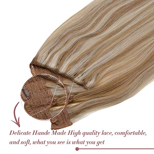 LaaVoo 18\" Invisible Crown Extensions Human Hair Straight Halo Flip on Extensions Highlighted Piano Color Light Golden Brown with Light Blonde Double Weft Hidden Wire 80g 10.5inch Width (#P12/24)