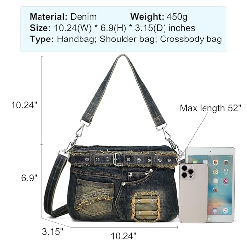 Image of Fashion Crossbody Bag Denim Purse with Rhinestones Y2K Jean Handbag for Women | Washed Denim