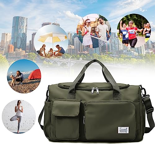Image of Suruid Gym Bag with Shoe Compartment, Sports Duffle Bag for Women, Olive Green, 19.68 x 11.02 x 11.02 inches, Sporty | Dry Wet Separation Pouch, For Men and Women, Overnight Weekender Training Handbag Yoga Bag