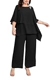 Plus Size Mother of Bride Pant Suits 2 Piece Chiffon Sets Ruffle Layers Wedding Guest Outfit