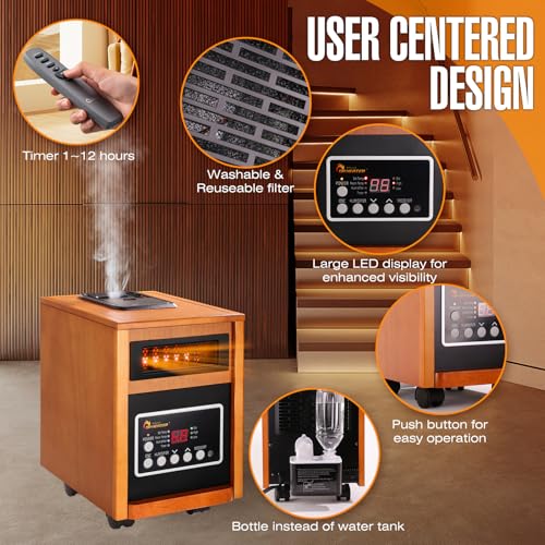 Image of DR. INFRARED HEATER DR-998, 1500W Dual Heating Infrared Space Heater with Humidifier, Oscillation, Remote Control, Thermostat & Safety Protection, Portable with Wheels, Energy Efficient, Cherry