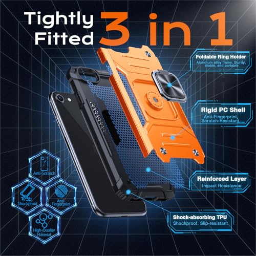 Image of Anqrp Heavy Duty Case for iPhone 6 /7 /8 /SE /SE2 Case with Enhanced Ring Holder Grip Stand, Military Grade Shockproof Rugged Drop Protective Silicone Hard Slim iPhone SE Phone Case Cover,Orange