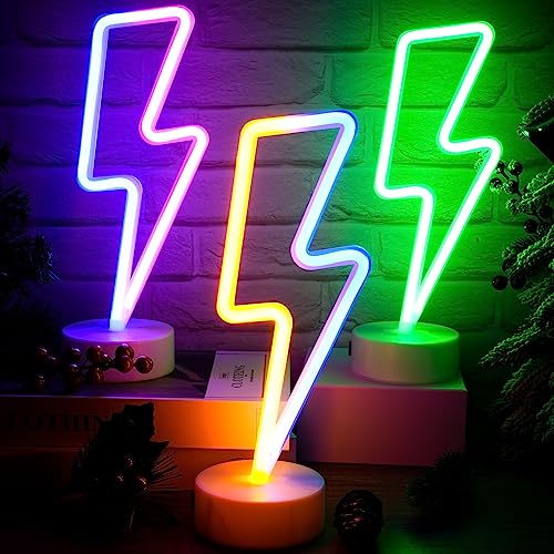 Image of Sieral 3 Pcs Lightning Bolt Neon Signs Lightning Neon Lights with Base LED Sign USB or Battery Operated for Teen Girls Gift Christmas Birthday Wedding Party Decor(Multi Colors)