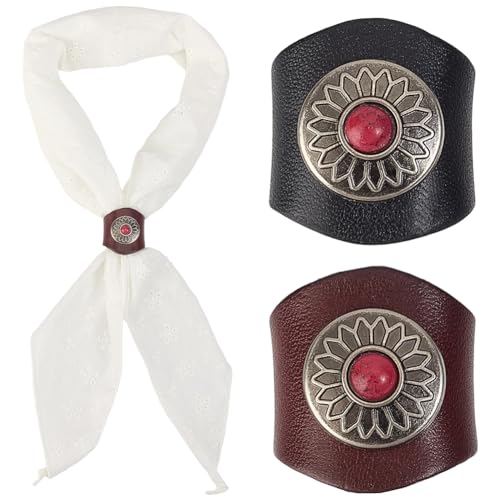 CALFOVERA 2 Stück Leder Schalring Schieber Western Bandana Schal Schieber Säule Retro Vintage Boho Türkis Schnallenclips Für Bandana Krawatten Schleifen Halstuchhalter Deko Accessoires