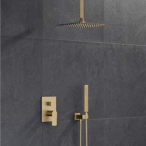 Robinet de douche mural violet avec pommeau et douchette dorée