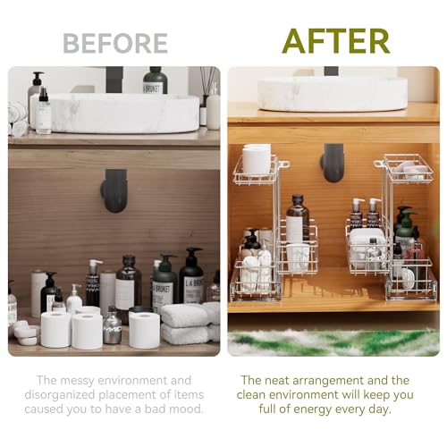Image of 2 Tier Under Sink Organizer 11 inch W X18 D, Pull Out Cabinet Organizer One Removable Basket, Under Sink Slide Out Chrome Plated, Under Kitchen Bathroom Sink Organizer, 2 Pack