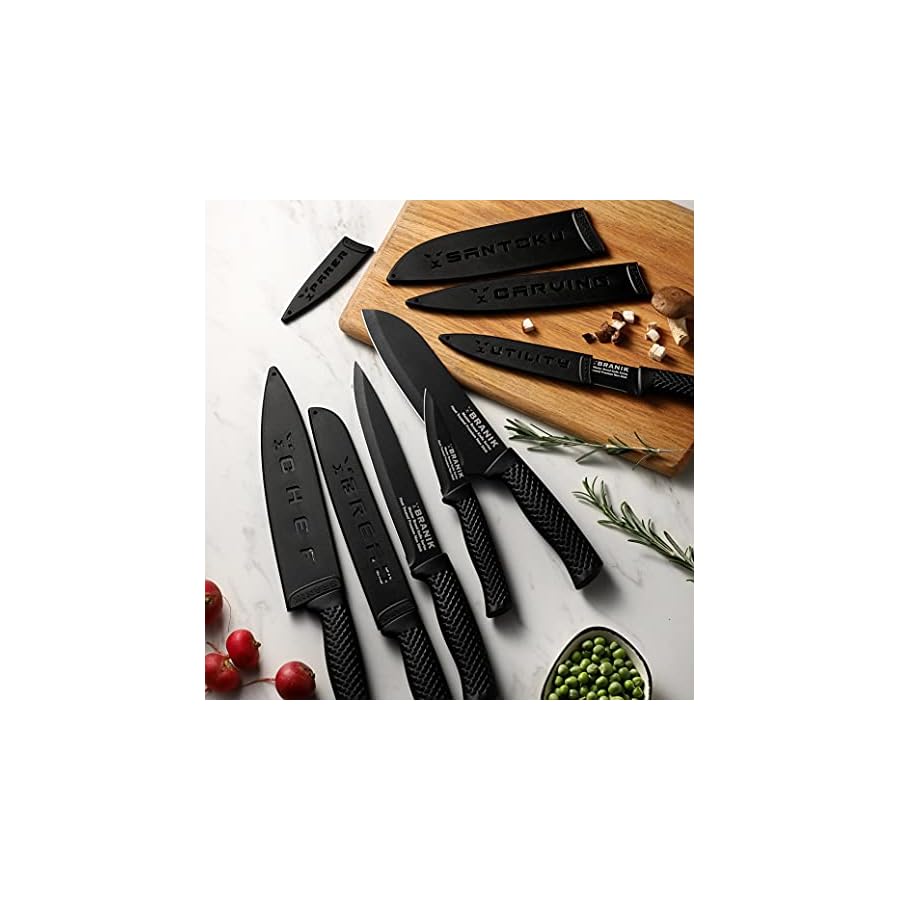 BRANIK 6Pc Black Kitchen Knife Set with Protective Sheaths & Giftbox, Premium German Steel with Special Non-Stick Coating making them Dishwasher Safe. Sharp black knives set for kitchen Knife set.