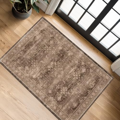 Image of Boho Taupe Brown 2x3 Entryway Rug - Modern Vintage Traditional Eclectic Oriental Neutral, Washable Low Pile Non-Slip Small Throw Area Rugs for Door Mat Indoor Entrance, Kitchen, Bathroom
