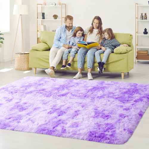 Area Rugs for Bedroom Living Room, 4x6 Soft Large Fluffy Fuzzy Shag Plush Furry Carpet, Soft Indoor Floor Mat for Kids Nursery Home Dorm Office Decor Aesthetic, Tie Dyed Purple
