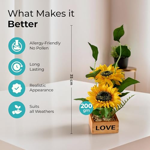 Image of The Better Home Sunflower Artificial Plant with Pot (35cm) | Yellow Decorative Plant | Living Room & Tabletop Decor | Artificial Plants for Decoration | Small Artificial Plant with Pot