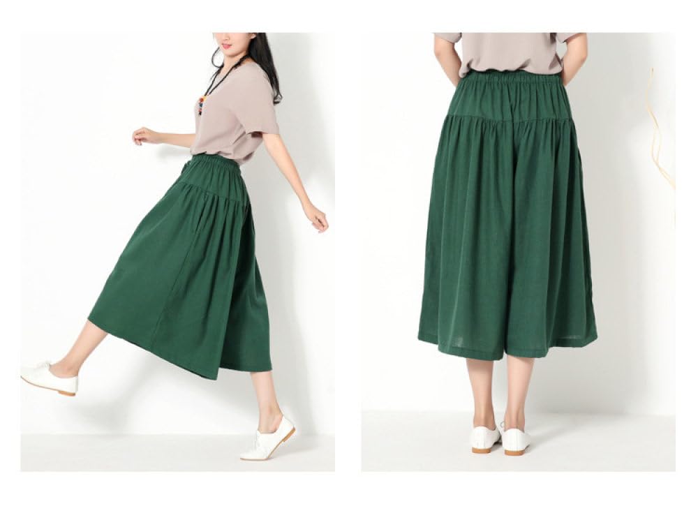 Weite Hose Damen, Damen-Hose Aus Baumwollleinen Mit Weitem Bein Culottes-Hose Einfarbig Spleißen Kordelzug Elastisch Hohe Taille Palazzo-Hose Lässig Lockere Swing-Cropped-Hose Oceanside-Hose