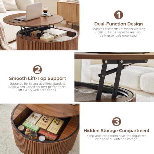 Image of Round Lift Top Coffee Table with Storage, Fluted Circle Coffee Table,Walnut