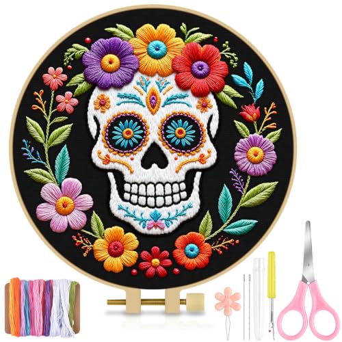 Image of TINDTOP Embroidery Kit for Adult Beginners, Embroidery DIY Starter Kit, with Stamped Patterns, Hoop, Tools, Colorful Threads with Needles, Instructions (Skeleton B)