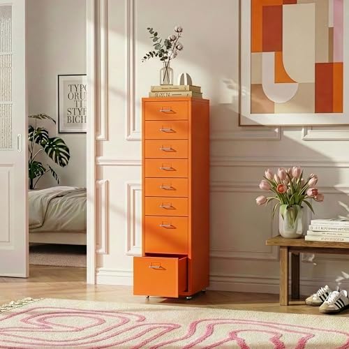 [en.casa] Archivador Móvil Kökar Organizador de Oficina con 6+2 Cajones Portaetiquetas Gabinete de Archivos con Ruedas para Despacho Taller 109 x 28 x 41 cm Acero - Naranja