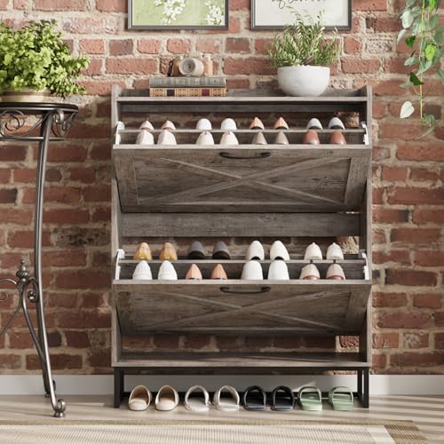 Image of Maupvit Shoe Storage Cabinet with 2 Flip Drawers, Freestanding Organizer with Metal Legs for Entryway, Narrow Shoe Rack Cabinet, Light Rustic Oak