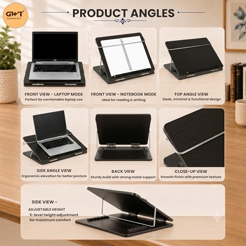 Image of Goodwill Tech Wooden Laptop Desk Table Top with Adjustable Height, Foldable, Writing, Drwaing Desk Stand for Study, Office (Black, 15 x 21 inches)