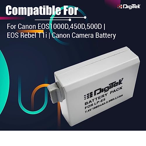 Image of DIGITEK (LP-E5) Lithium-ion Rechargeable Battery for Canon Cameras, 1080mAh, 7.4V, 8.0Wh, Eco Friendly, Multi Protection, BIS Approved, Compatible with Canon EOS 1000D, 450D, 500D, Rebel T1i