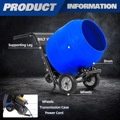 Image of BILT HARD 6 Cu.Ft Electric Cement Mixer, 1 HP Heavy Duty Poly Drum Concrete Mixer Portable for Mortar Stucco Fodder Farm and Job Site