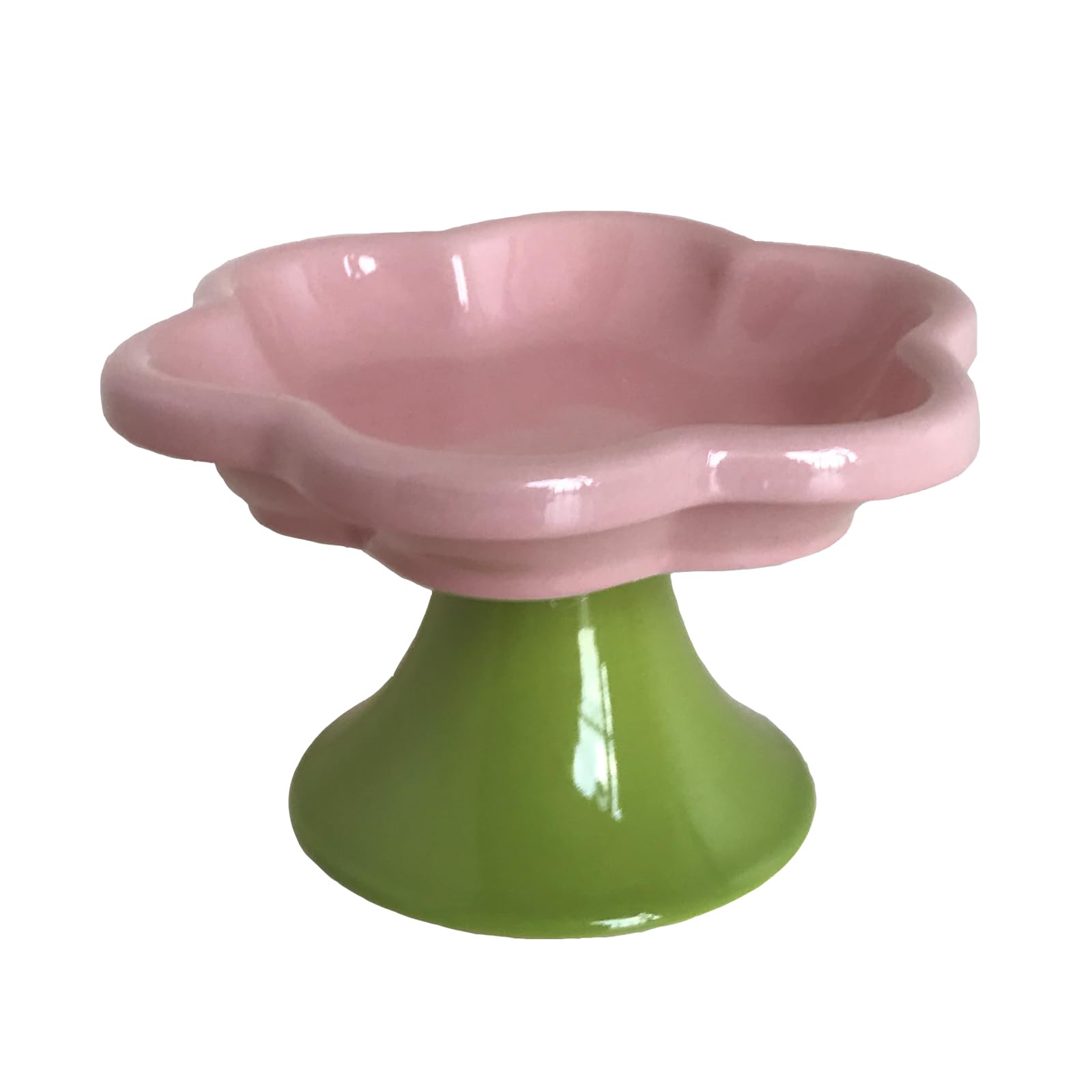 Ceramic Elevated Cat Bowls Flower Dish,Small Raised Dish.Flower Ceramic Raised Bowls for Cats and Small Dogs reducing pet’s Neck Bending and Pressure （Pink Green）
