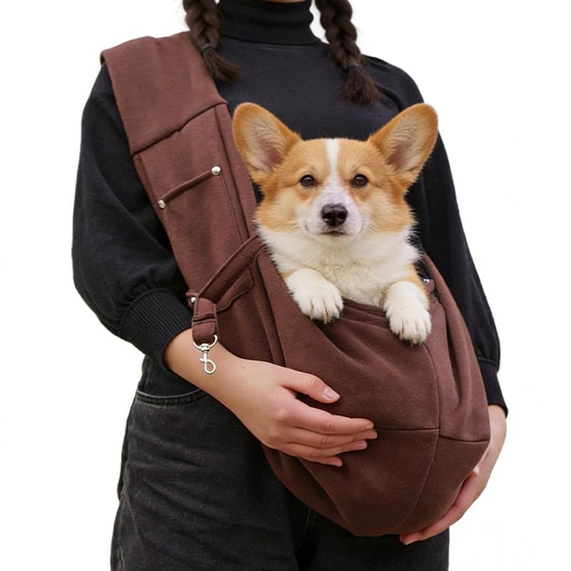 Puppy Sling for Small Dogs and Cats, Breathable Mesh Pet Cross Body Shoulder Bag with Pocket for Outdoor Walks and Travel, Coffee