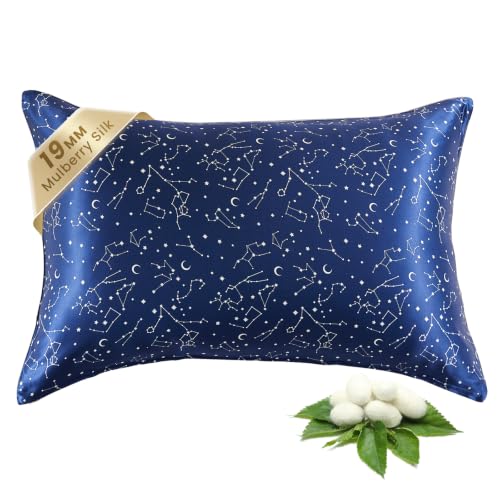 Image of THXSILK Natural Mulberry Silk Pillowcase for Hair and Skin Heath, Grade 6A+ Mulberry Silk Hypoallergenic Pillow Cover with Zipper, 1pc (King 20 inchx36 inch, Navy Blue Constellation Pattern)
