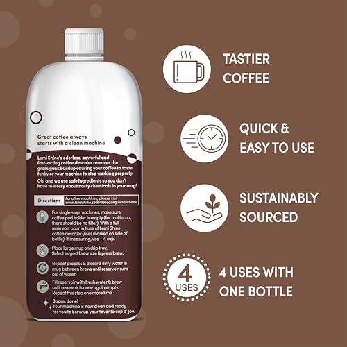 Image of Lemi Shine Coffee Descaler - Made with Food-Grade Citric Acid - 15 oz | Removes Tough Buildup - Food-Grade Citric Acid Coffee Maker Cleaner for Nespresso, Keurig, and More