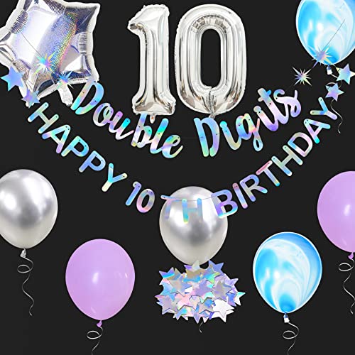 Image of Iridescent Double Digits Happy 10th Birthday Banner Garland Foil Balloon 10 for Girls Boys 10th Birthday Decorations Hanging 10 and Fabulous Cheers to 10 Years Old Ten Birthday Party Supplies Backdrop