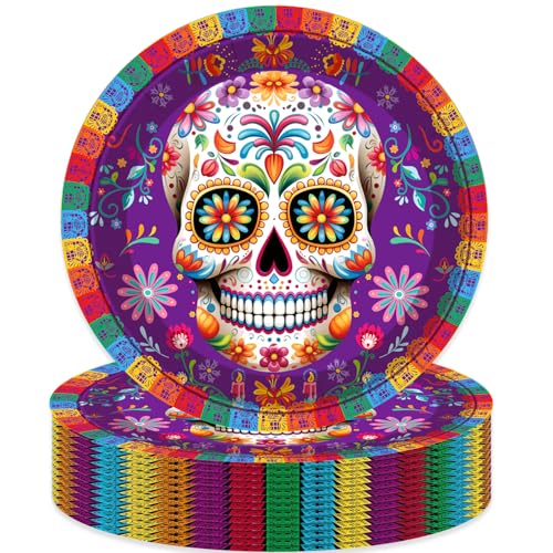 50 Platos de Papel Día de los Muertos 7 Pulgadas Morado miniatura 1