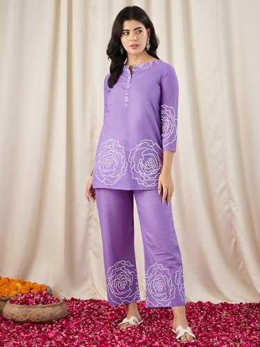 Image of Naixa Women's Lavender Cotton Printed Straight Kurta with Pant | Co-ord Set (NX-CS02)